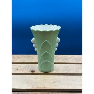 Vintage Celadon Green & Milk Glass Art Deco Style Vase - Scalloped Rim-5.5” Tall